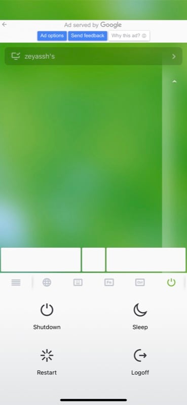opzioni di alimentazione sull'app remote mouse ios
