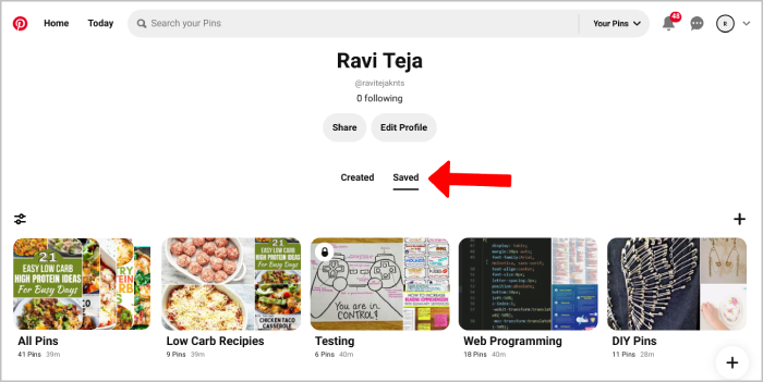 apertura di una bacheca salvata sul profilo pinterest