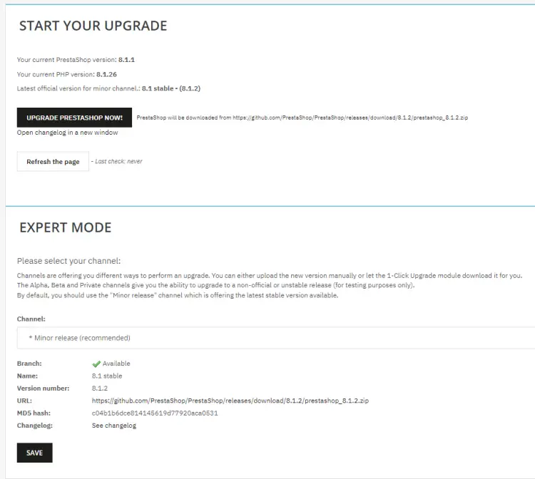 Type de mise à niveau de PrestaShop