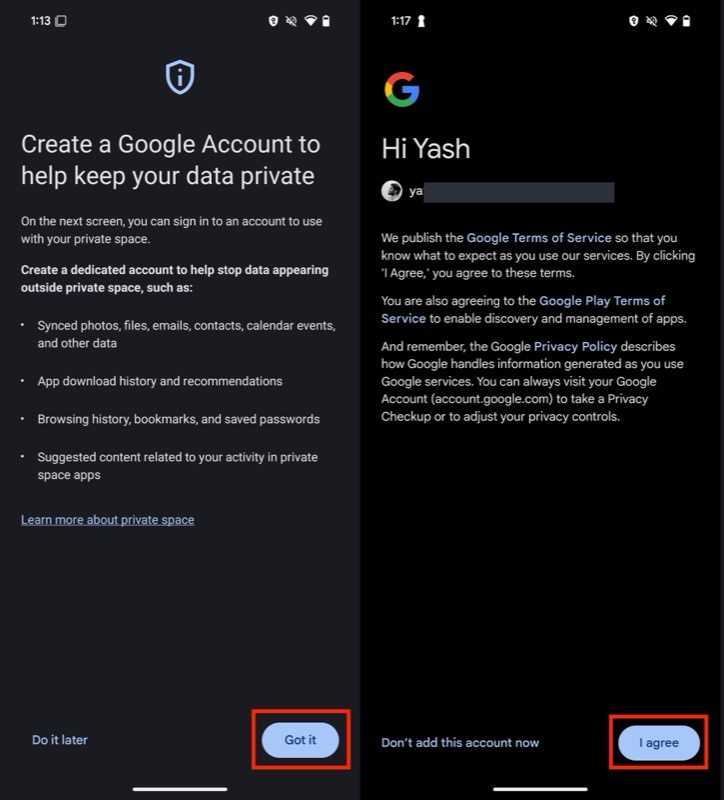 connexion à un compte google à utiliser avec l'espace privé.