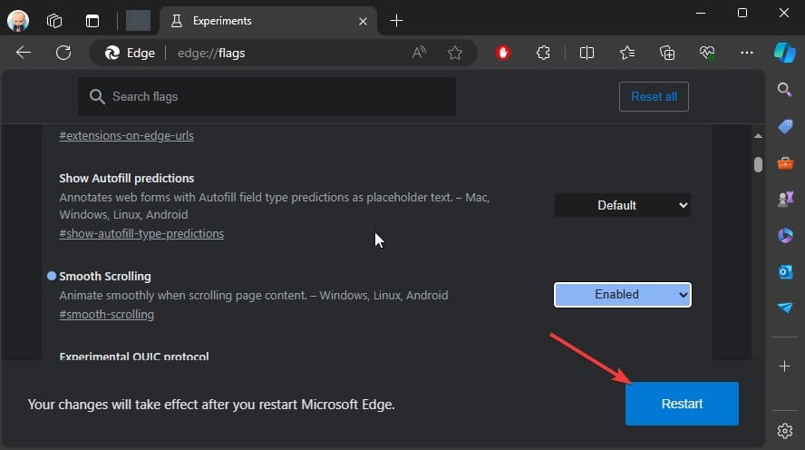 Reiniciar para habilitar la bandera de Edge