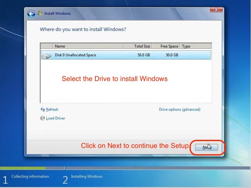 seleziona l'unità per installare windows