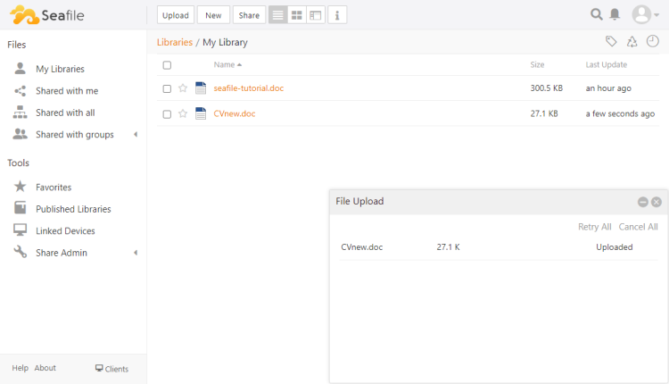 Seafile File Upload Progress