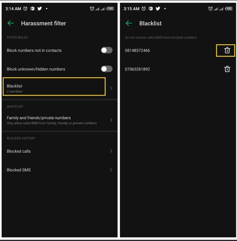 desbloquear um número no android excluindo da lista negra