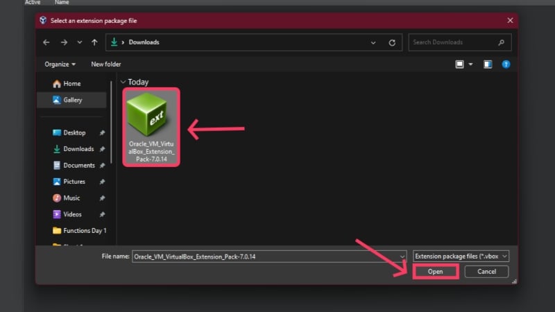 sélectionner le pack d'extension virtualbox à charger