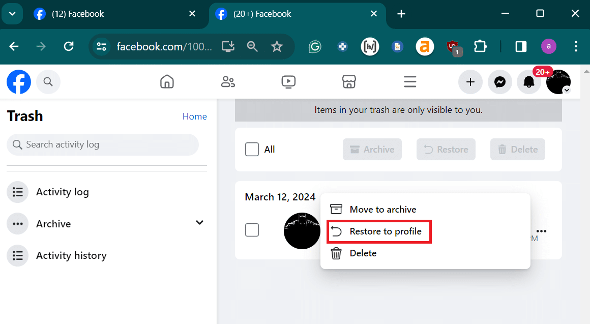 facebook投稿をプロフィールに復元