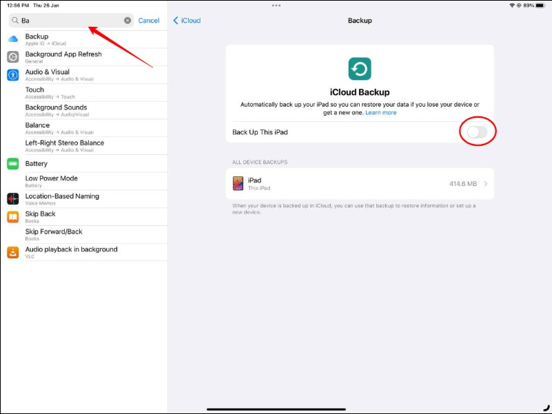 iPadのiCloudバックアップ設定を示す画像