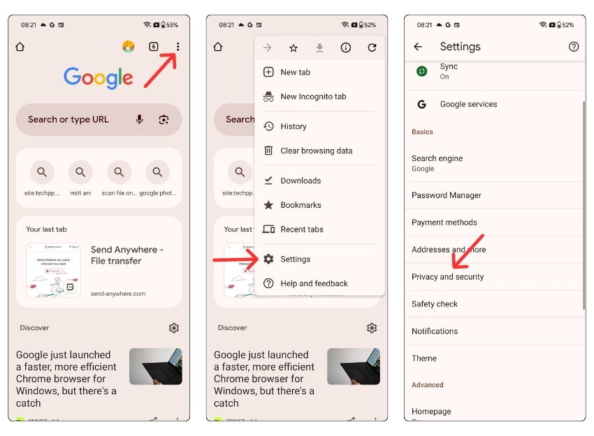 Google Chrome Android Einstellungen Datenschutz und Richtlinien