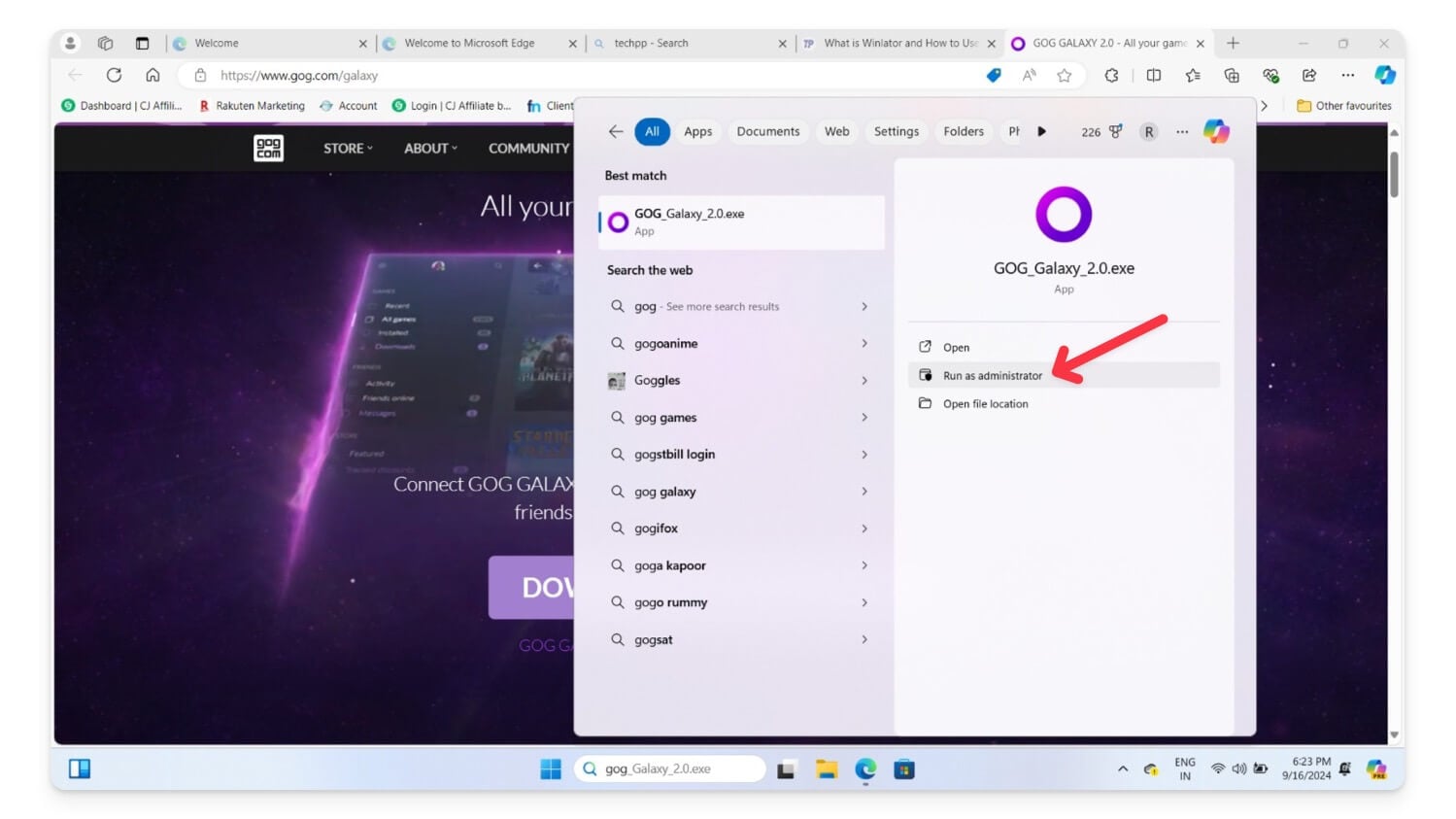 ejecutar la aplicación gog como administrador