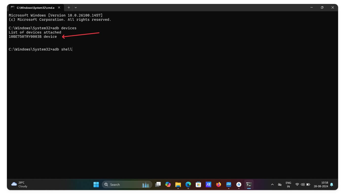 digite adb shell para acessar seu telefone