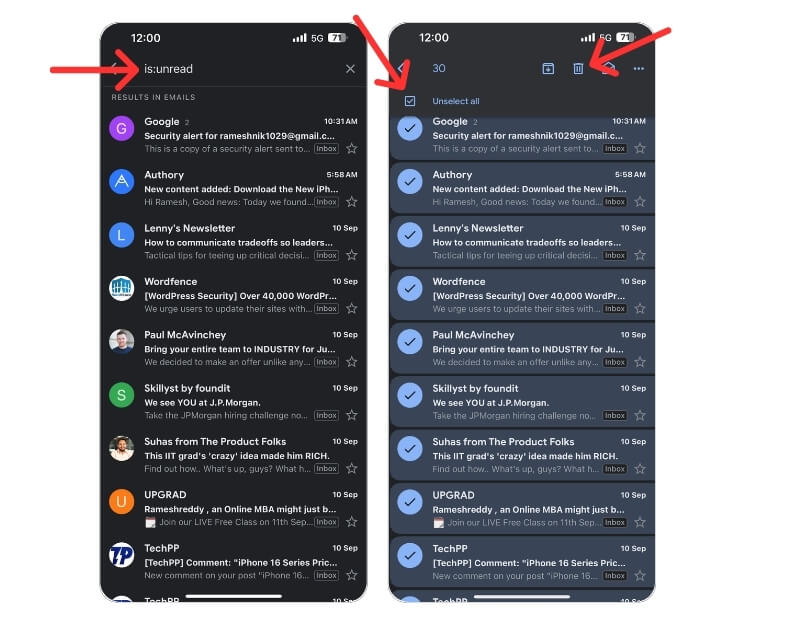 how to apply filters and delete emails in gmail app