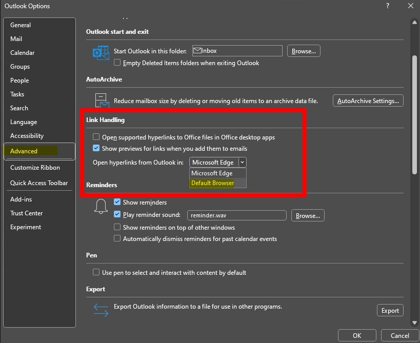 MS Outlook 365リンク処理