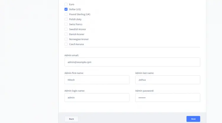 Configuração de moeda e e-mail