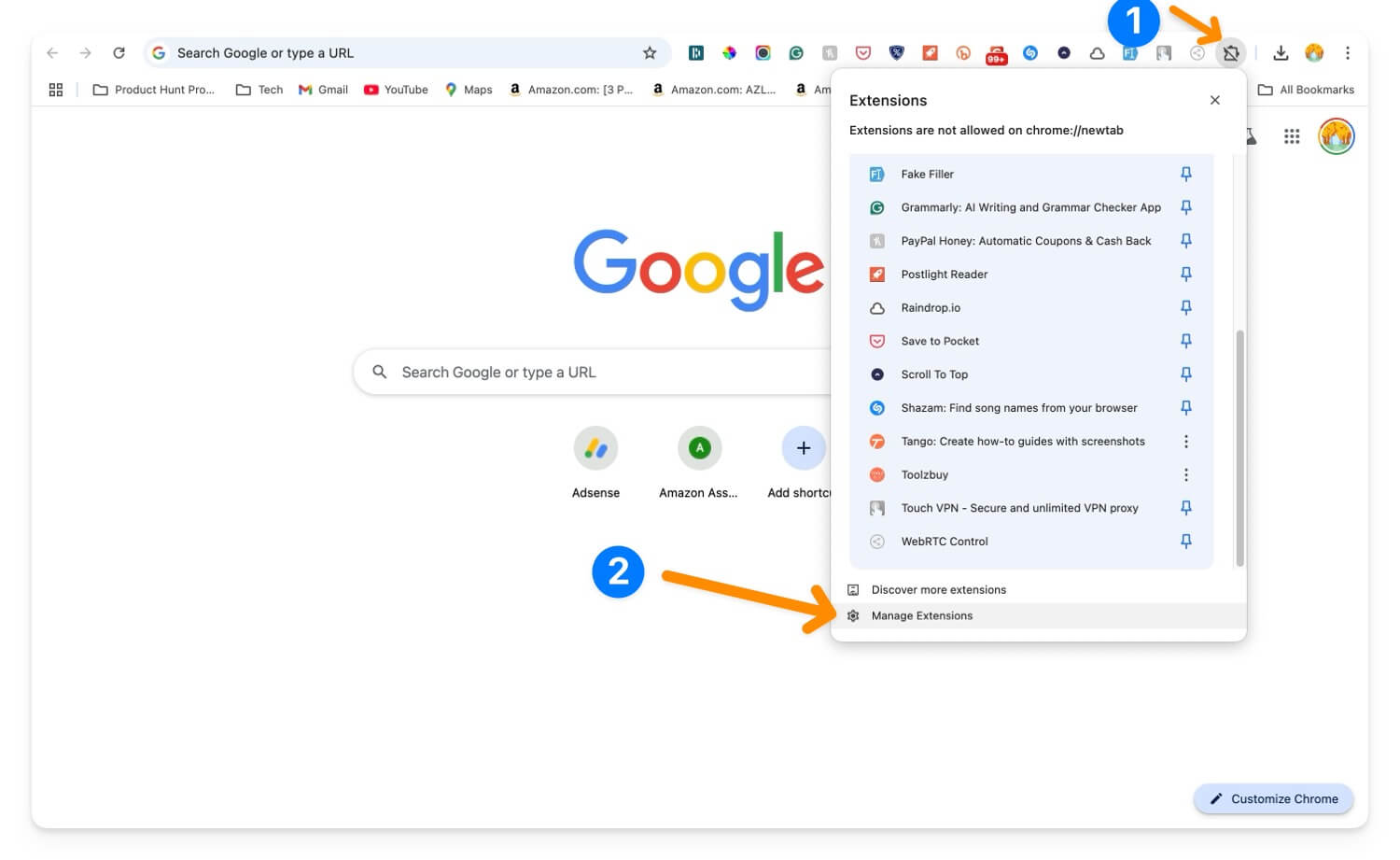 opzione per gestire le estensioni di google chrome