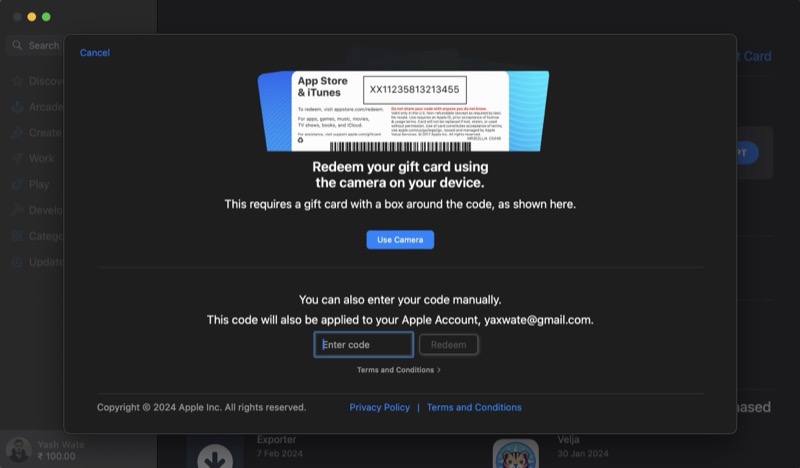 resgatando um cartão presente da apple em um mac manualmente.