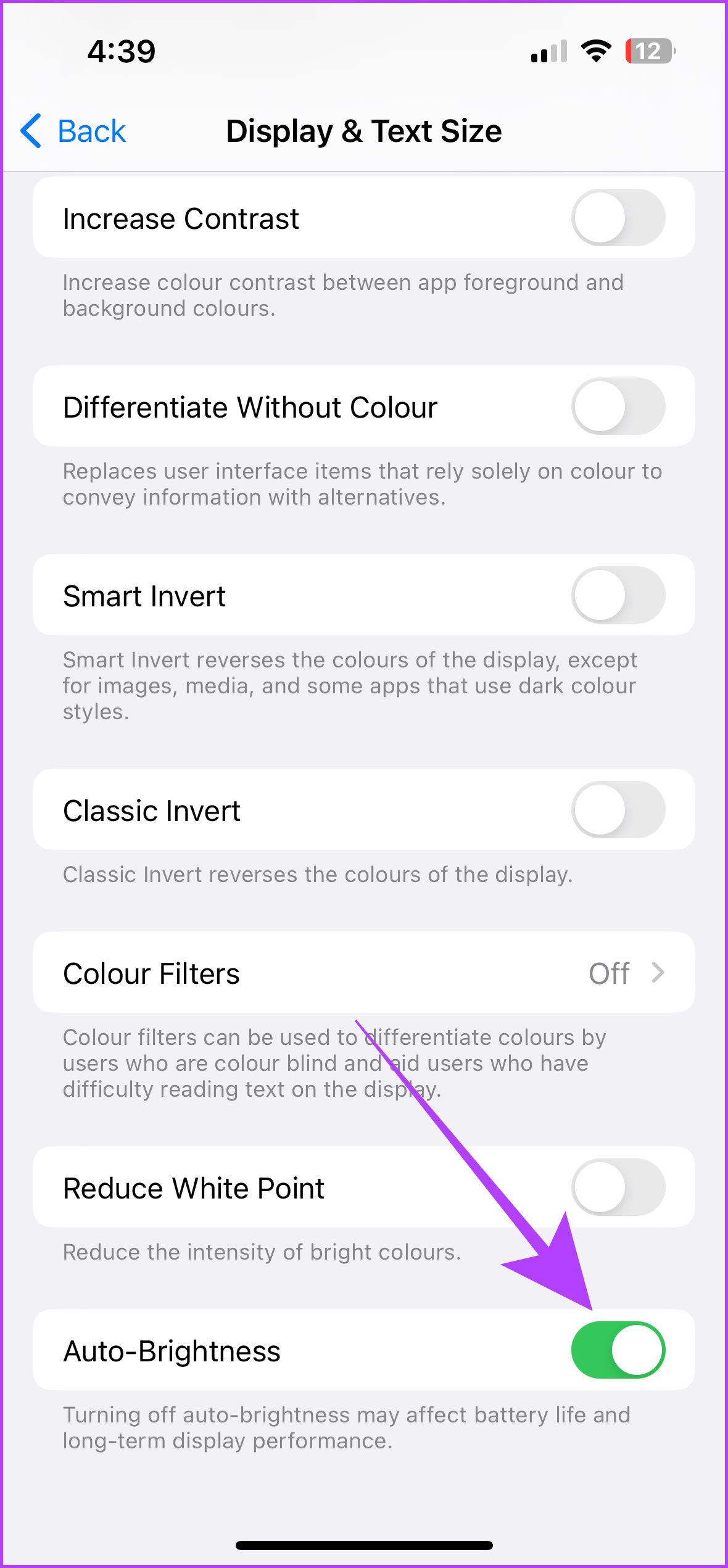 configurações de brilho automático iphone