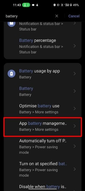 imagem mostrando configurações de gerenciamento de bateria no android