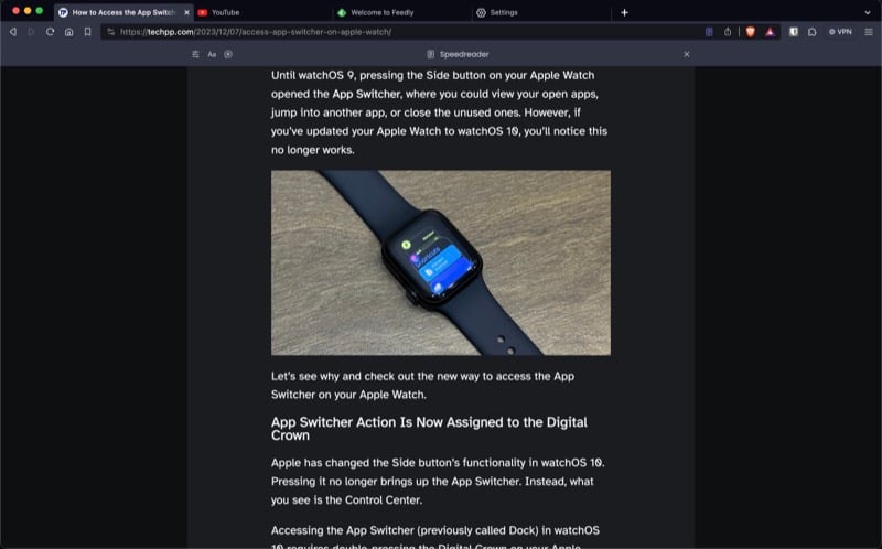 ein artikel im speedreader-modus im brave geöffnet.