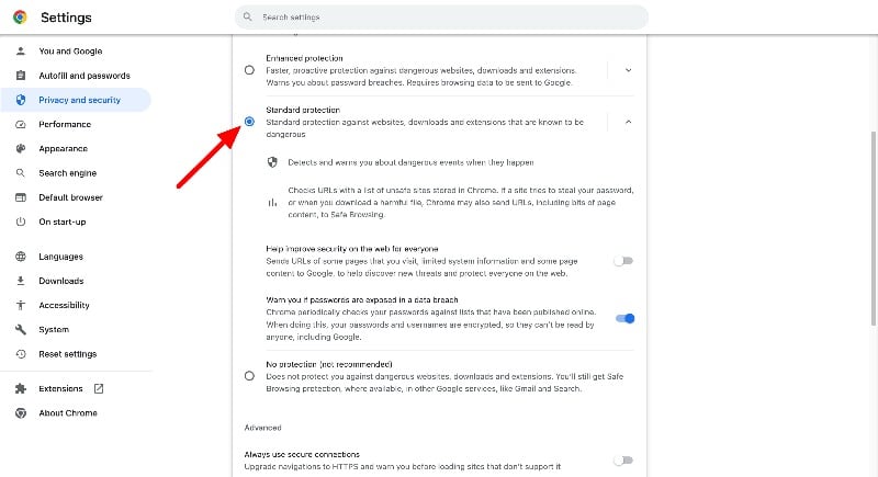 sicurezza standard google chrome