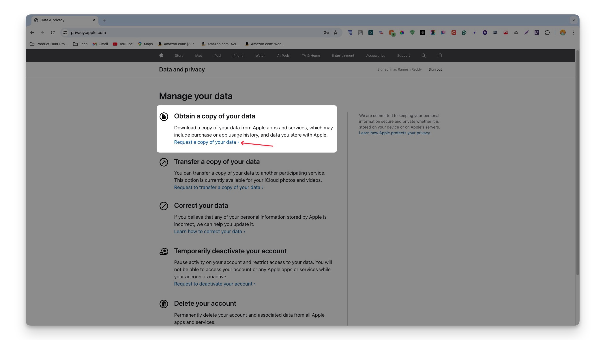 page de demande de données apple
