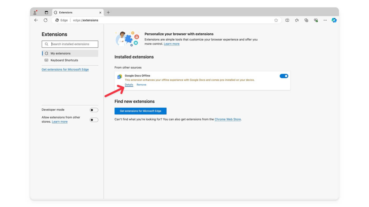 Microsoft Edge Erweiterungsdetails