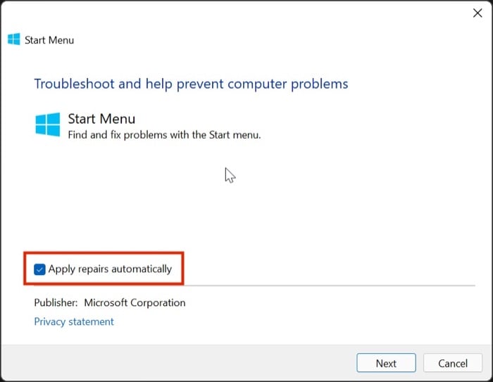 solucionador de problemas del menú de inicio de windows 11