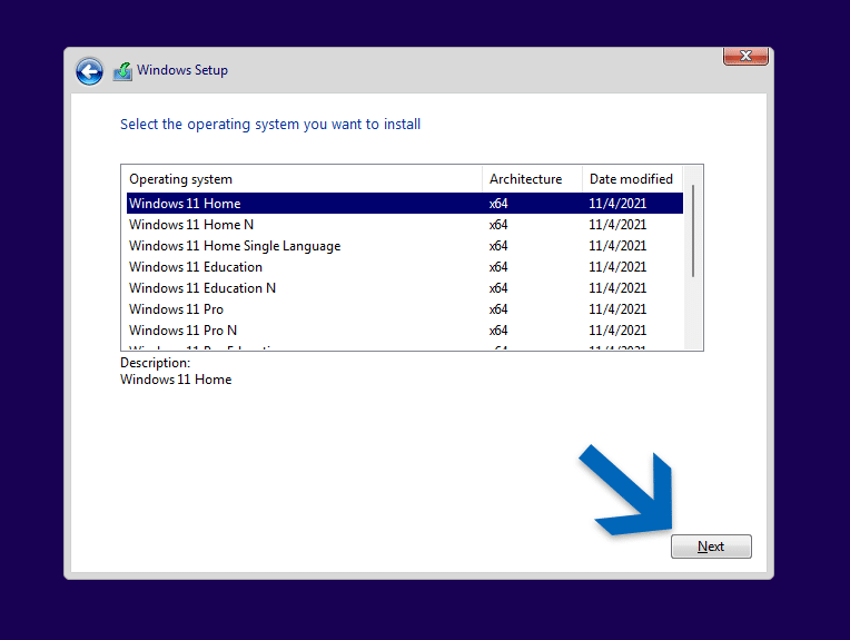 Seleção da versão do Windows 11