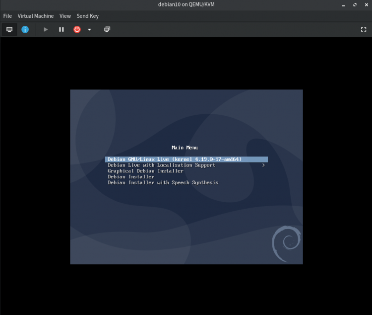 Виртуальная машина запущена и работает с виртуализацией QEMU/KVM