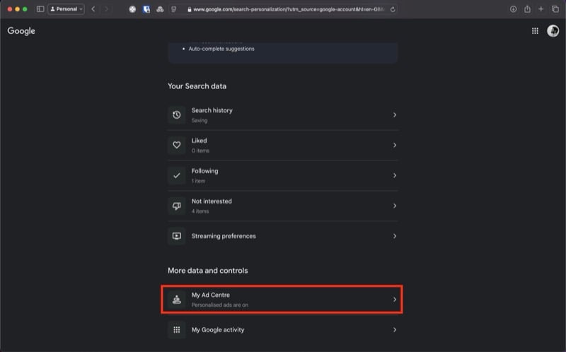 option mon centre d'annonces sur la page des annonces personnalisées.