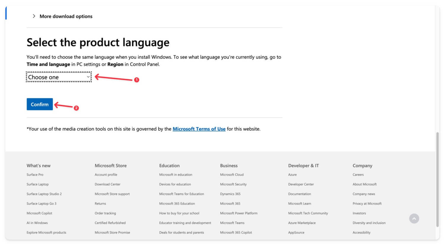 제품 언어 선택을 위한 드롭다운이 있는 Windows 10 다운로드 페이지