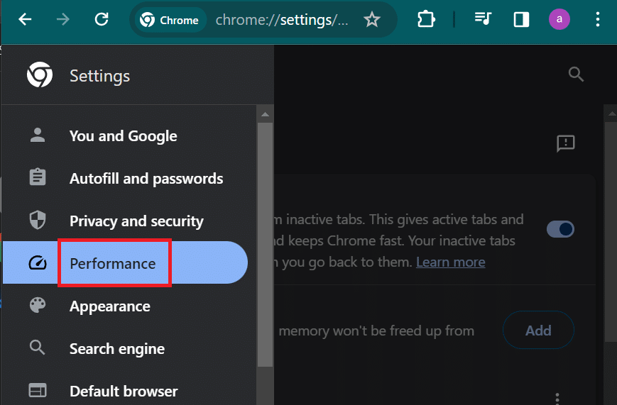 apri impostazioni prestazioni in chrome