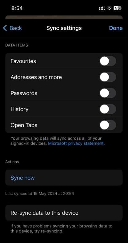 Синхронизация Microsoft Edge на ioS