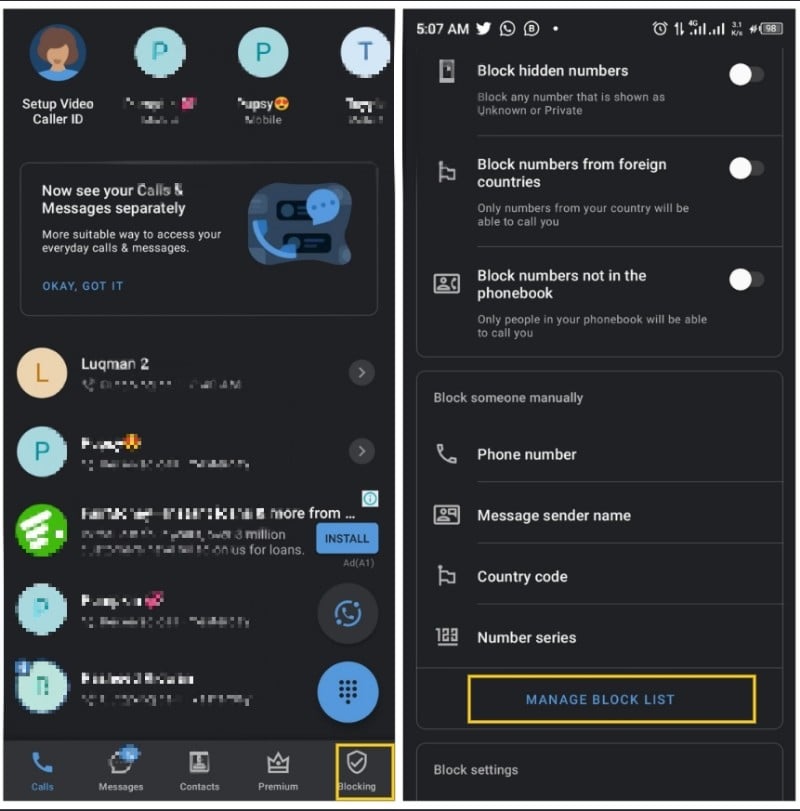 desbloquear um número no android através do gerenciamento do truecaller