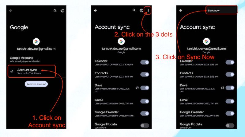 sincronizar manualmente para a conta do google específica