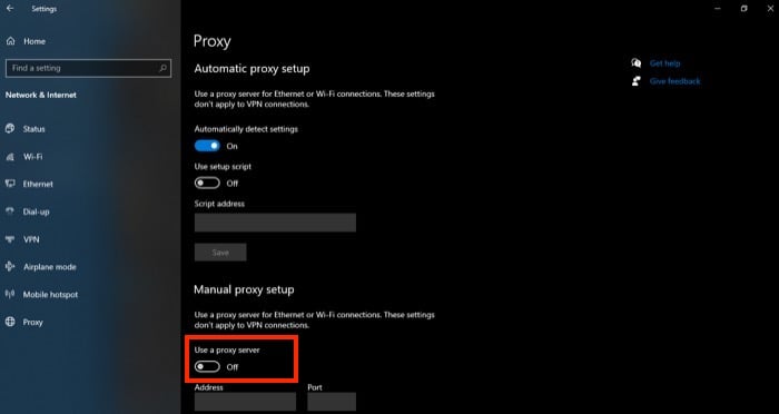 disabling proxy on windows 10
