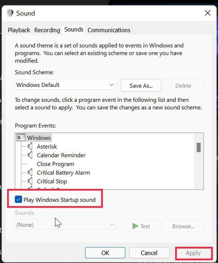 desativar som de inicialização do windows 11