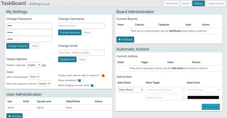 Configuraciones de TaskBoard