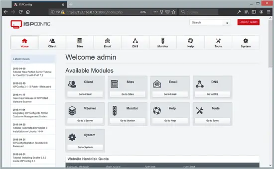 Dashboard do ISPConfig no Debian 10