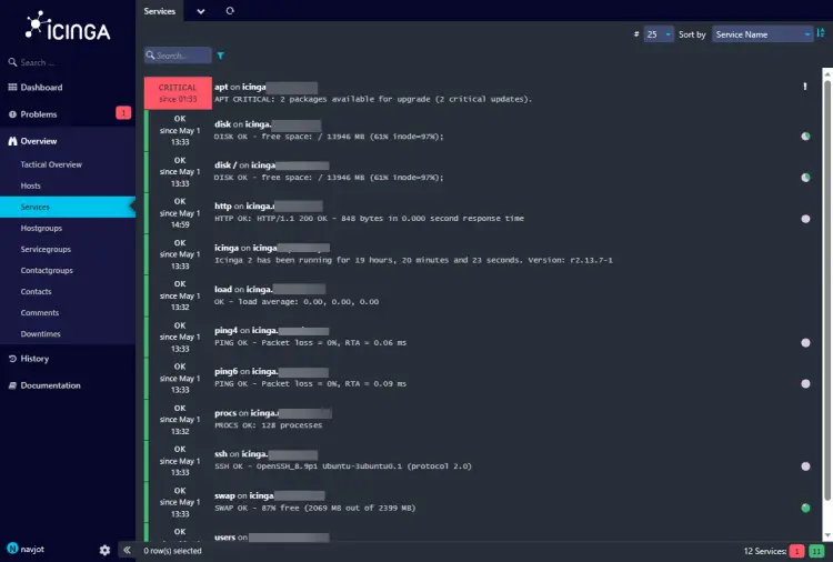 Icinga Web Dienste-Seite
