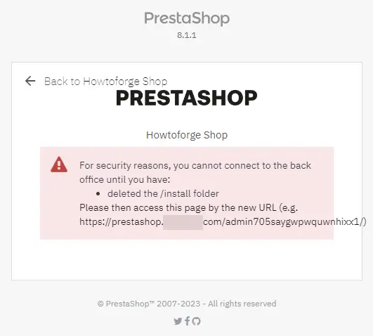 Avertissement sur le répertoire d'installation de PrestaShop