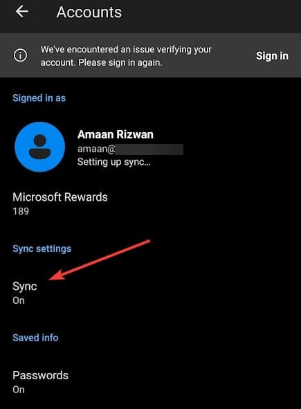 Синхронизация Microsoft Edge на устройстве Android