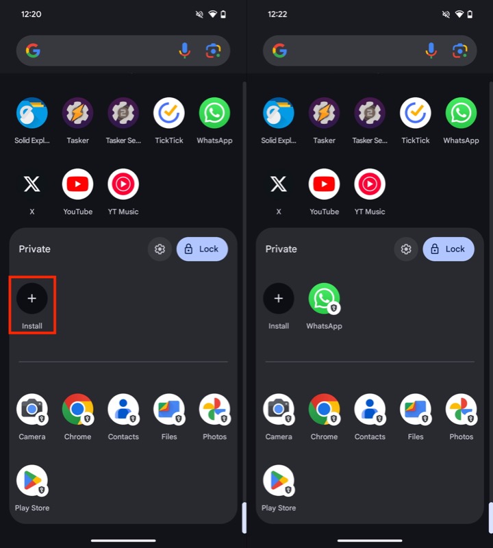 installation d'une nouvelle application dans l'espace privé sur un téléphone pixel.