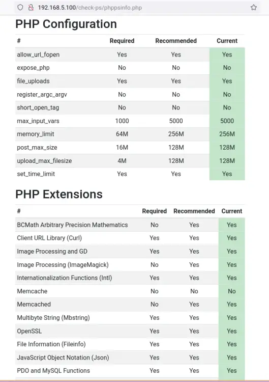 configurações e definições php