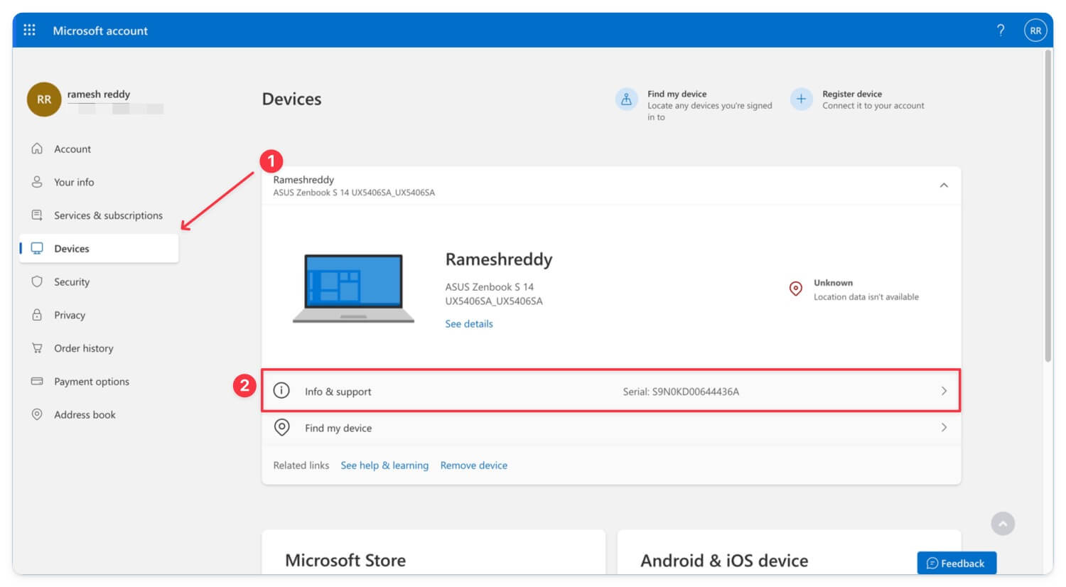 i tuoi dispositivi nella pagina dell'account microsoft