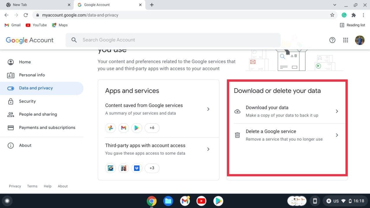 paramètres de suppression du compte gmail